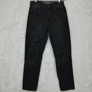 American Eagle‎ Womens Mom Jeans Black Denim Ripped Distressed High Rise 4